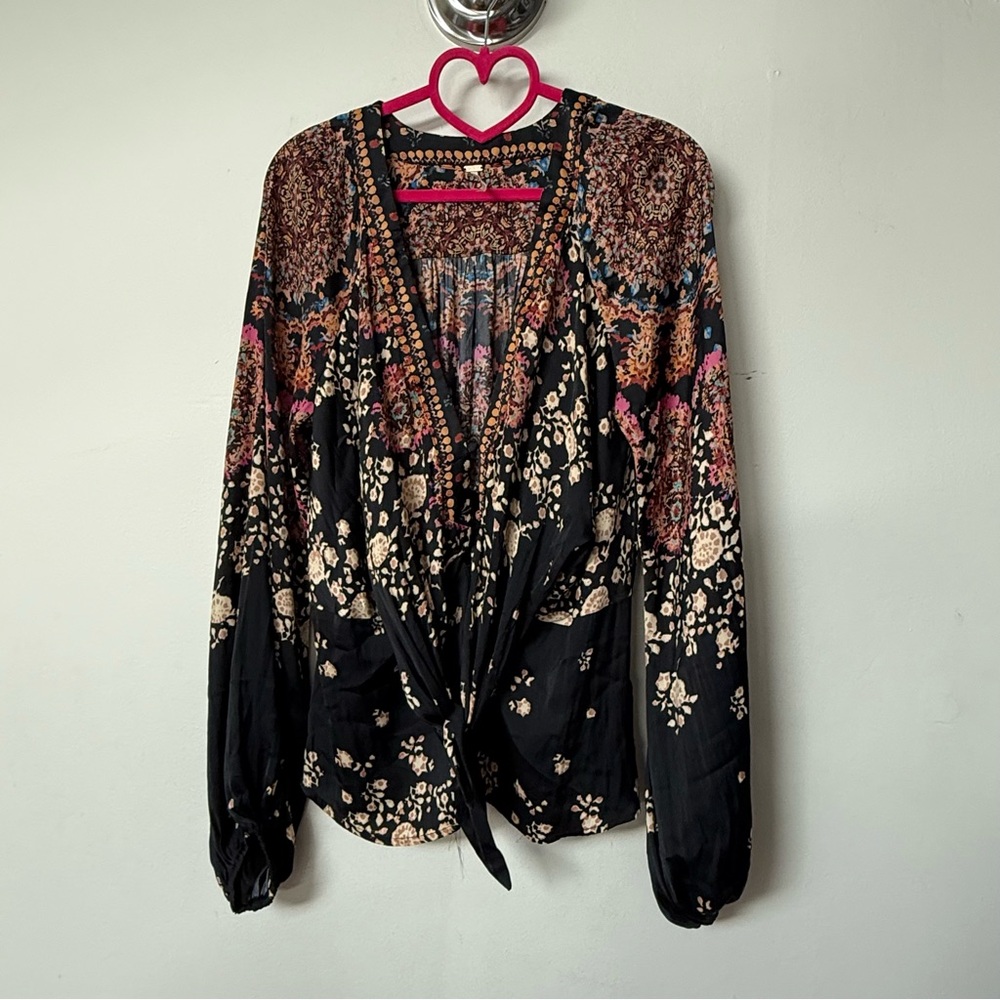 Free People Black Floral Tie-Front Boho Blouse